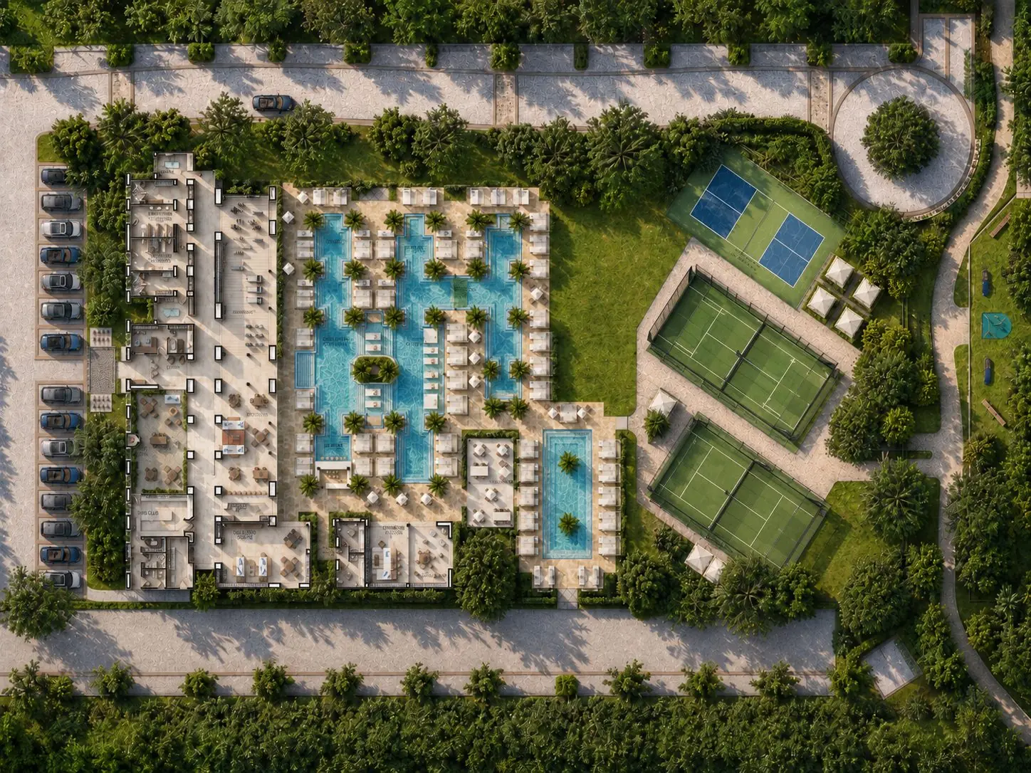 Vista aérea de la Casa Club: albercas, canchas de pádel y pickleball